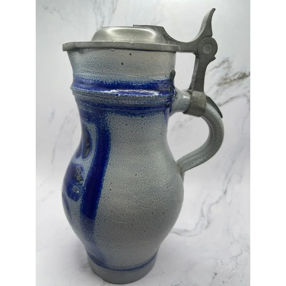Vintage‎ Stoneware Salt Glazed Stein/Tankard Cobalt Blue w/Pewter Lid 8.5
